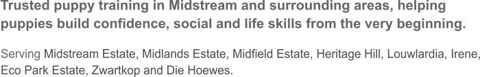 Trusted puppy training in Midstream and surrounding areas, helping puppies build confidence, social and life skills from the very beginning.  Serving Midstream Estate, Midlands Estate, Midfield Estate, Heritage Hill, Louwlardia, Irene, Eco Park Estate, Zwartkop and Die Hoewes.