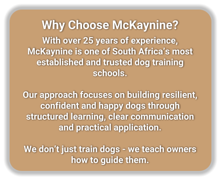 Why Choose McKaynine? With over 25 years of experience, McKaynine is one of South Africa�s most established and trusted dog training schools.  Our approach focuses on building resilient, confident and happy dogs through structured learning, clear communication and practical application.  We don�t just train dogs - we teach owners how to guide them.