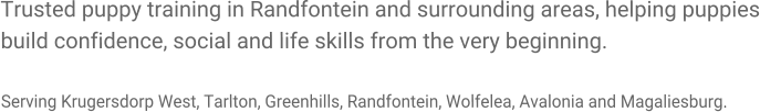 Trusted puppy training in Randfontein and surrounding areas, helping puppies build confidence, social and life skills from the very beginning.  Serving Krugersdorp West, Tarlton, Greenhills, Randfontein, Wolfelea, Avalonia and Magaliesburg.