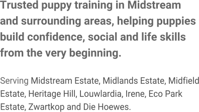Trusted puppy training in Midstream and surrounding areas, helping puppies build confidence, social and life skills from the very beginning.  Serving Midstream Estate, Midlands Estate, Midfield Estate, Heritage Hill, Louwlardia, Irene, Eco Park Estate, Zwartkop and Die Hoewes.