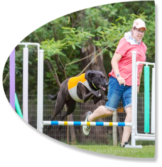 happy handler and dog running an agility practice course