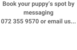 Book your puppy�s spot by messaging 072 355 9570 or email us...