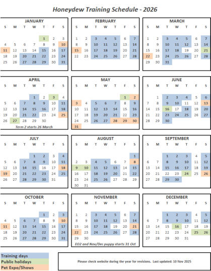 McKaynine Honeydew Dog Training Schedule 2026