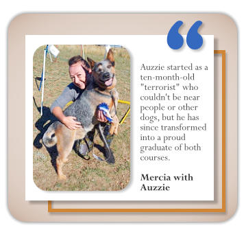 Auzzie started as a ten-month-old "terrorist" who couldn't be near people or other dogs, but he has since transformed into a proud graduate of both courses.   Mercia with Auzzie  �